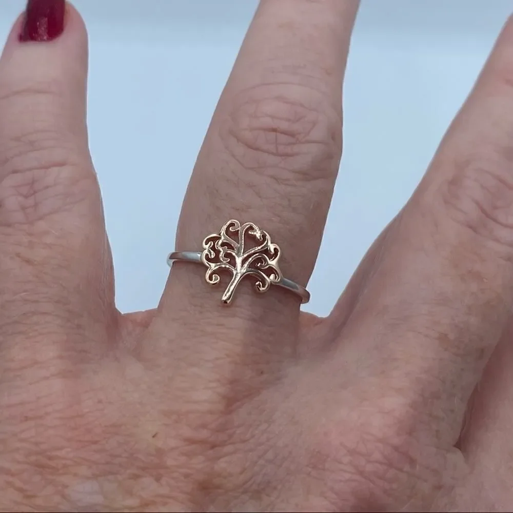 Tree Of Life Two-Tone Sterling Silver Ring Size 6,7,8